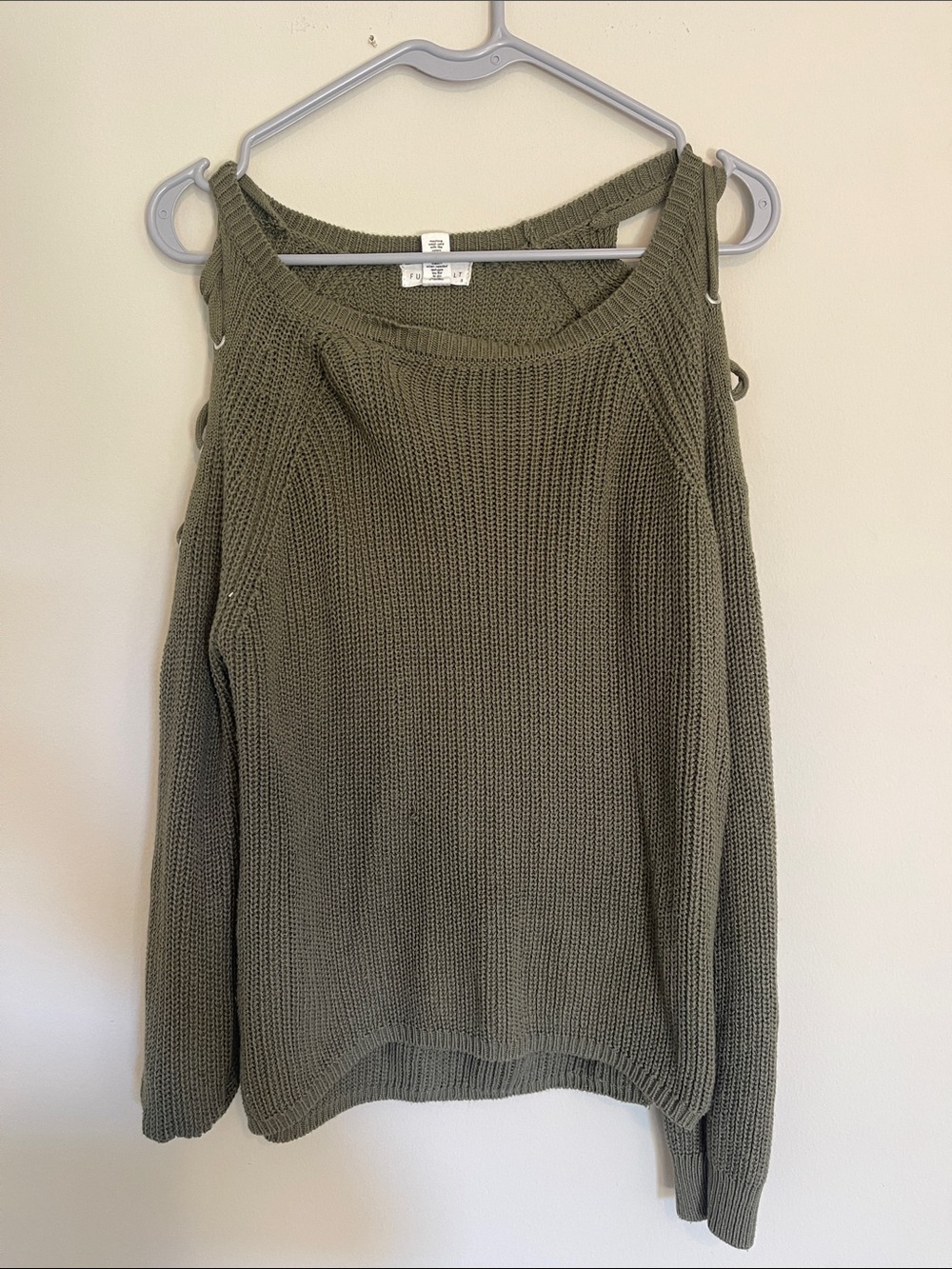 Full Tilt Olive Green Cold-Shoulder Knit Sweater